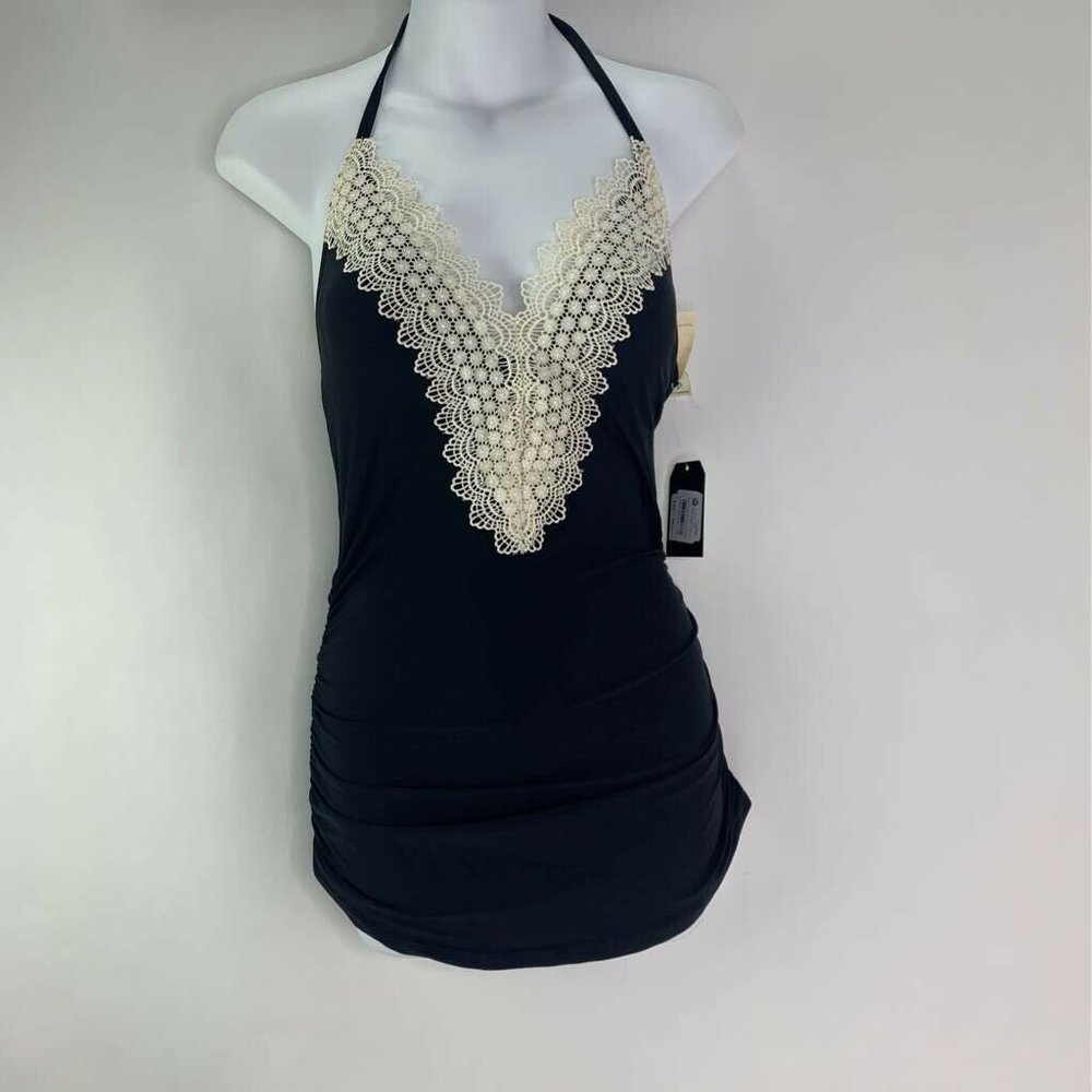 Sea Angel Crochet Tankini Top Swimsuit Black Sz S